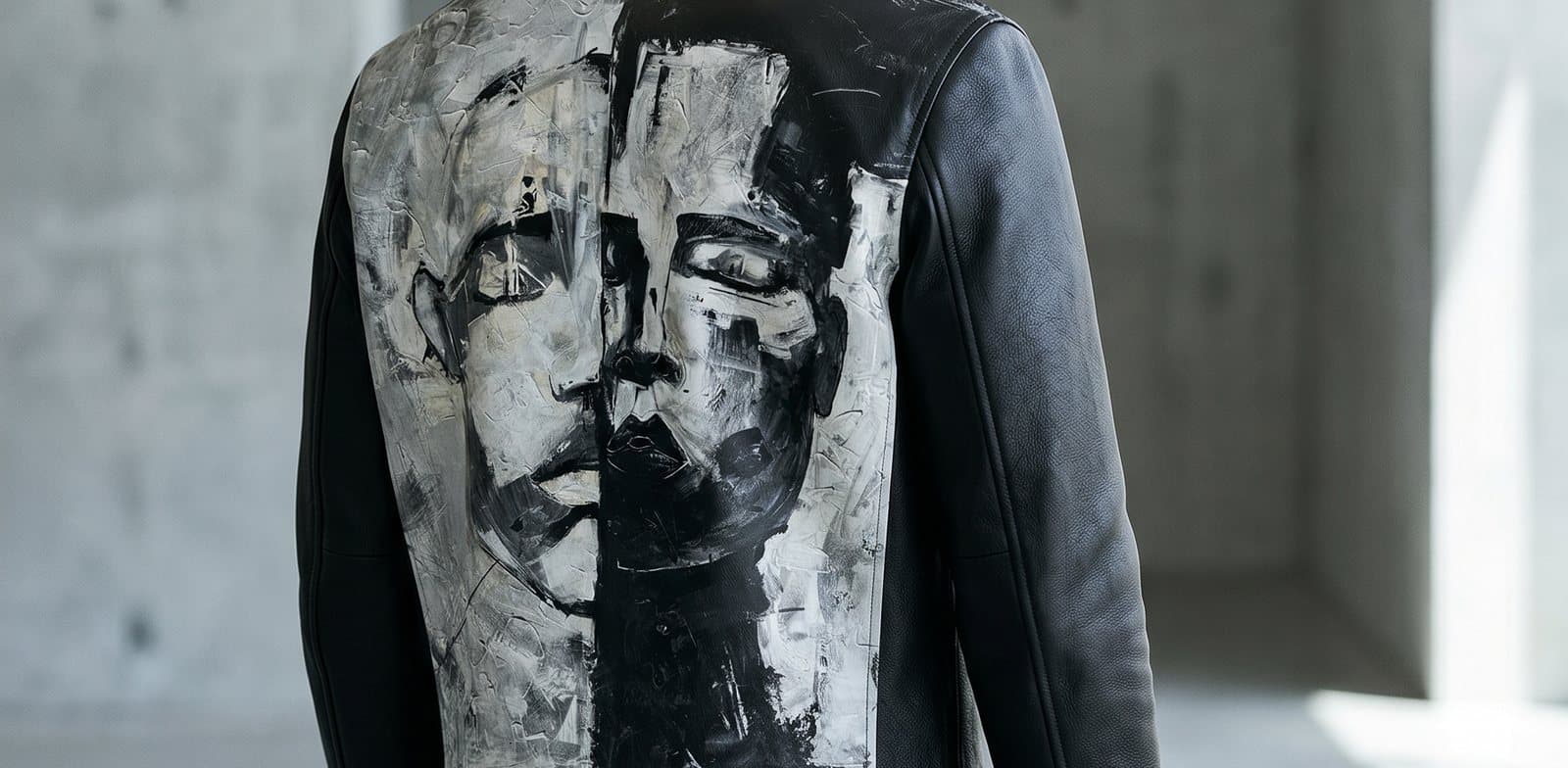 MOSE.ART editorial, the painted MOSE.ART face on the back of a black leather jacket, shoulders in frame