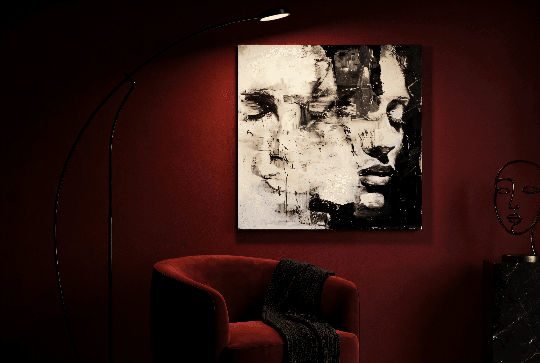 MOSE.ART FACES painting in a crimson collector's room with a velvet chair