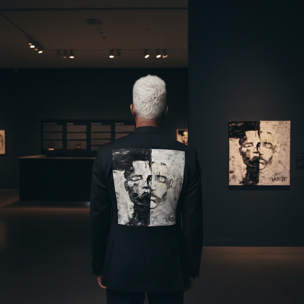 MOSE.ART editorial, figure from behind in a long blazer, painted MOSE.ART face on the back