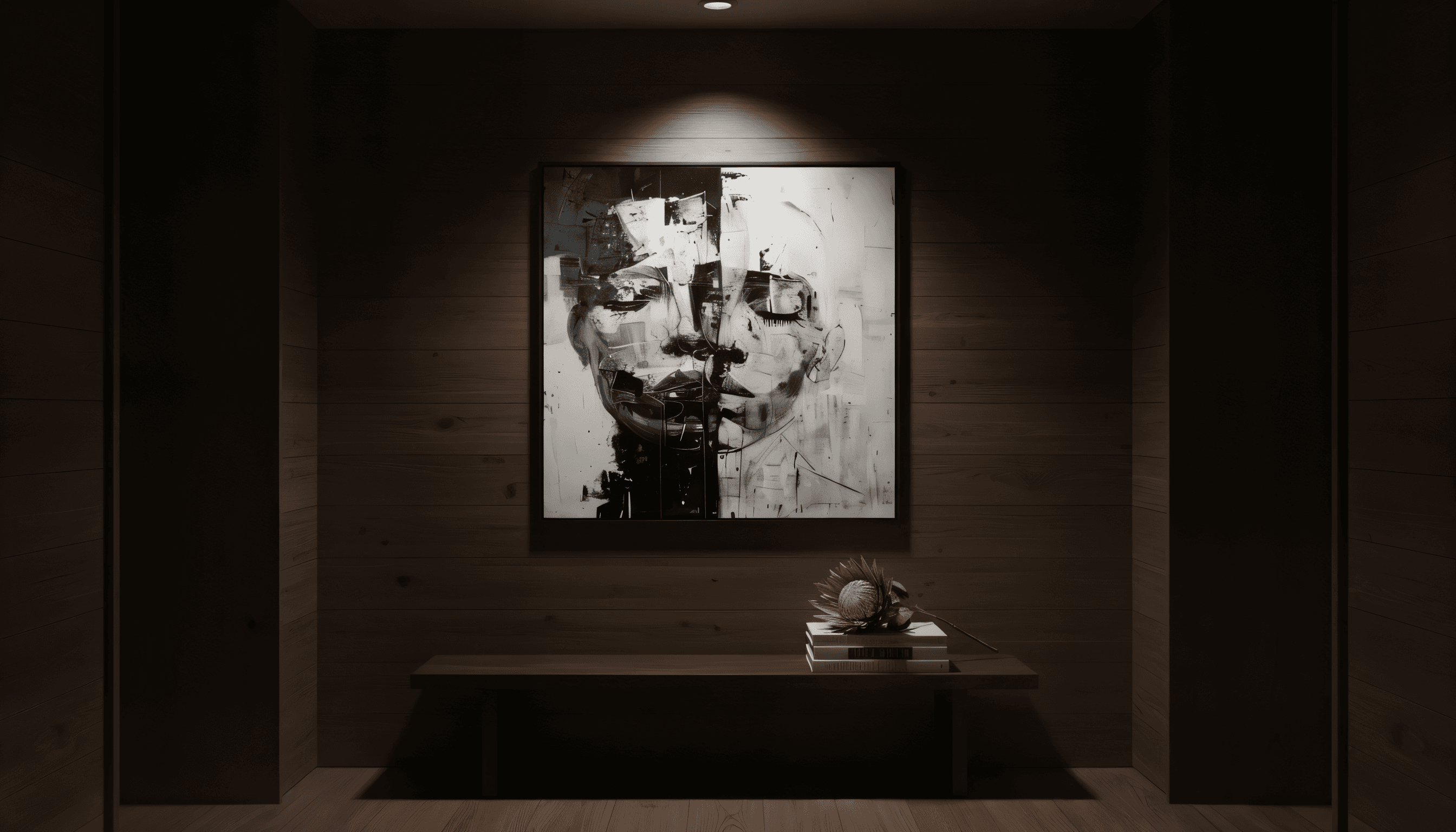A MOSE.ART FACES print in a dark cinematic interior